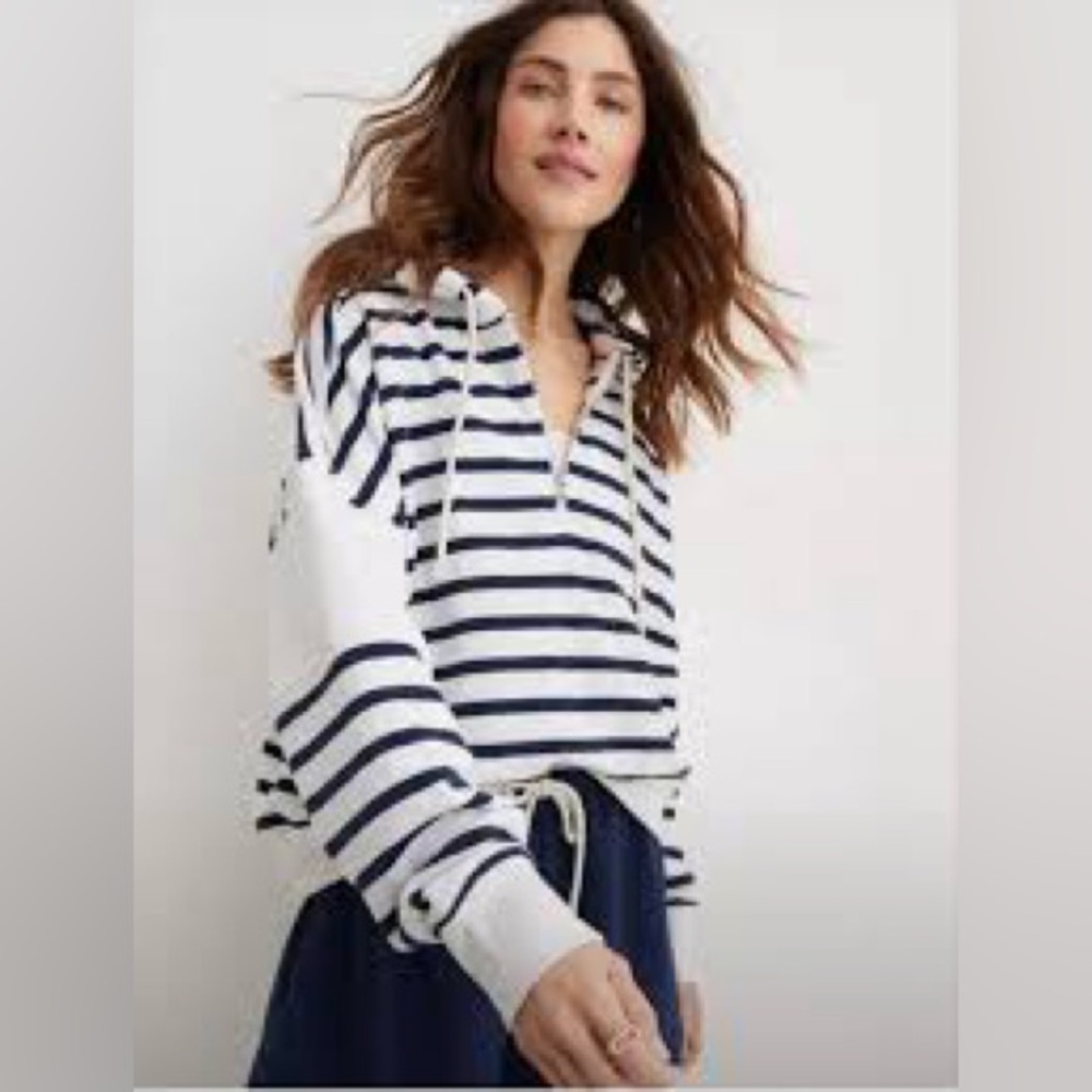AERIE Womens Hoodie Striped Nautical Coastal Preppy Quarter Zip Medium